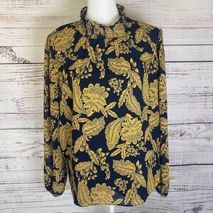 J. Crew Women’s Size Small Floral Blouse Navy/Gold Long Sleeve Ruffle Neck